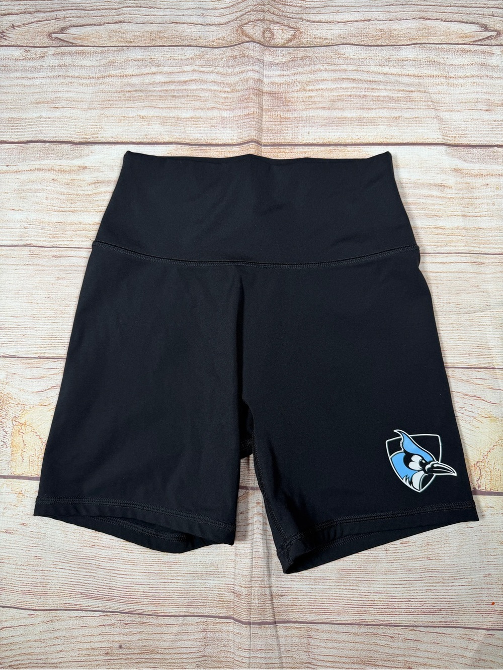 KadyLuxe High-Waist Black Bike Shorts with John Hopkins Blue Jay Logo